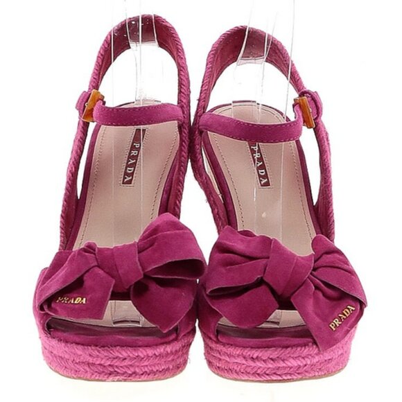 💖 Prada Fuchsia Leather & Raffia Bow Wedge Sandals Cork Heel Size 38 Summer Lux - Picture 1 of 11